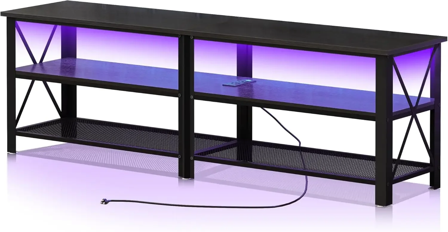 

US Modern Black 63 inch Metal TV Stand with LED Lights and Power Outlets for 40 50 55 60 65 70 Inch TVs 3 Tier Television Stands