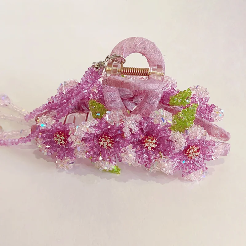 13CM New Pink Crystal Flower Hair Clip Headband with Crystal Tassel Back Head Coiled Hair Shark Clip Handmade Hairpin Hair Claws