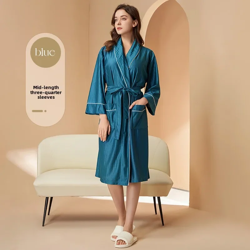 2025 New Sleep Robe Spring Cool Thin Style Couple Bathrobe Grade Sense Summer Medium Long Style Morning Robe Yukata Female