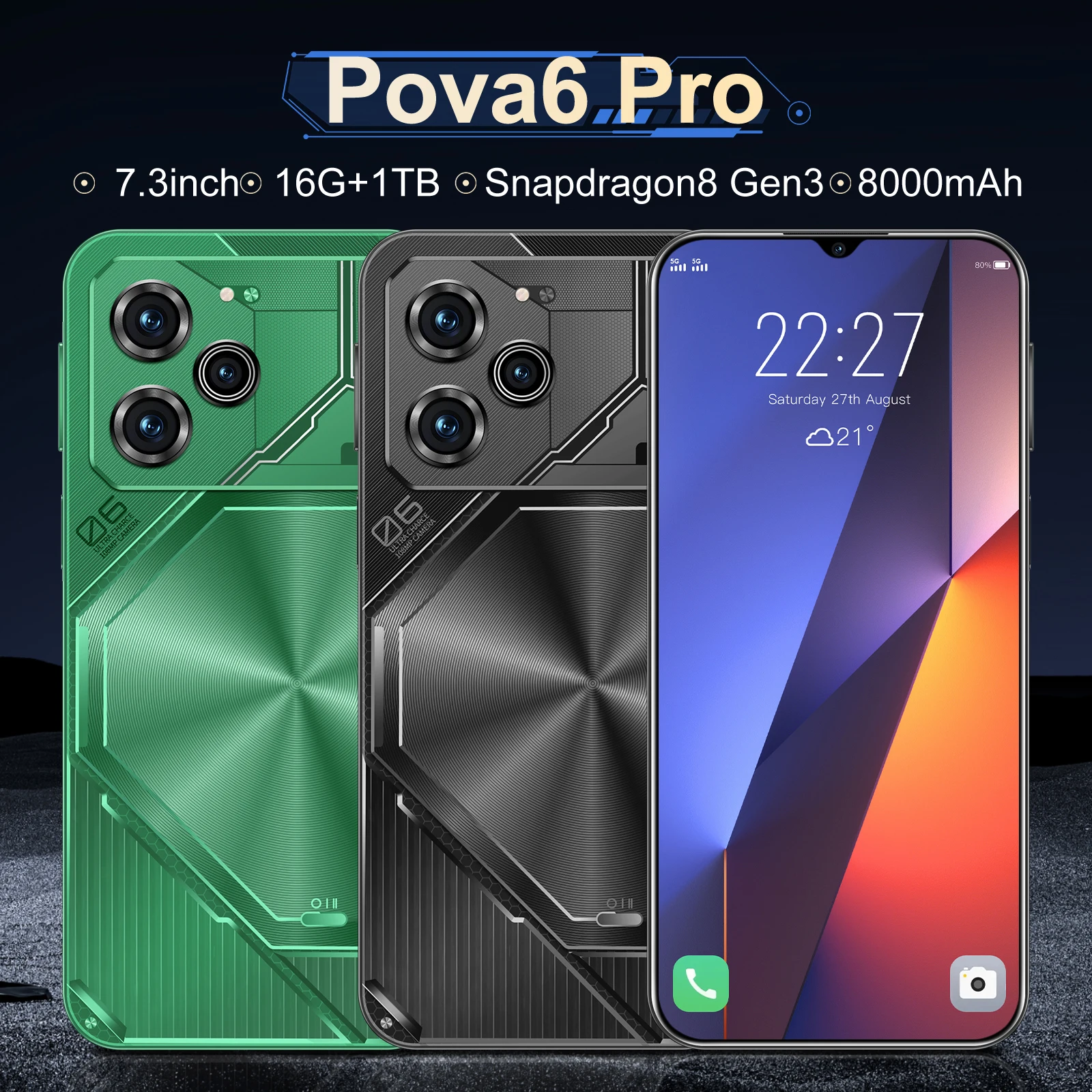 New Global version Pova 6 Pro Smartphone 16GB+1024GB 7.3'' HD+ Android 13 Snapdeagon8 Gen3 8000mAh 5G dual SIM phone 72MP+108MP