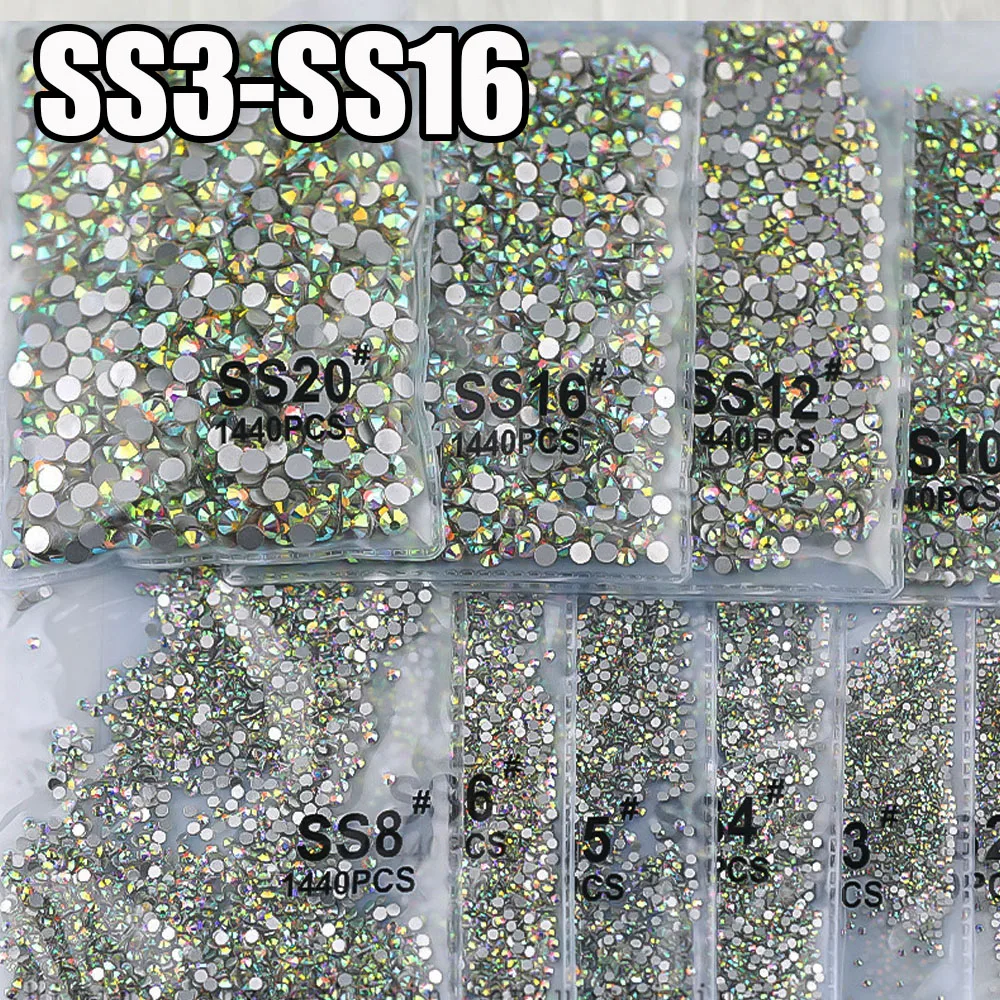 1440Pcs/bag AB/Clear Round Mini Nail Diamond SS3-SS16(1.3-4mm) FlatBack Non-Hotfix Nail Crystal Crystal Clear AB Manicure Glass