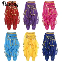 Kids Girls Ruffle Belly Dance Harem Pants Tribal Arabic Dancing Performance Trousers Carnival Party Bloomers with Hip Scarf Set