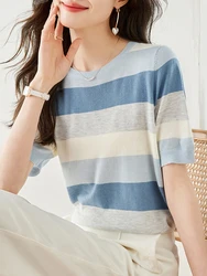 女性用半袖ストライプTシャツ,ラウンドネックTシャツ,ベーシックホワイトトップス,ニットオフィスknitwear Tシャツ,夏,2022