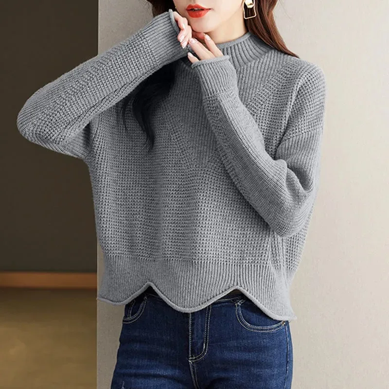 

Autumn and Winter Half Turtleneck Loose Irregular Sweater Women's Knitted Bottoming Shirt Top