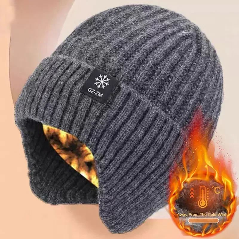 Outdoor Men Winter Knitted Hat Plush Warmth Peaked Cap Earmuff Casual Fashion Faux Fur Lined Hooded Hats Cycling Ear Protection