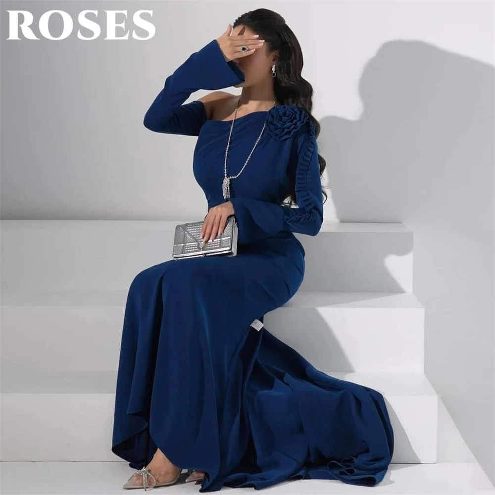 ROSES Navy Blue Prom Dress Trumpet Celebrity Dresses Regular Full Sleeve Women's Evening Dresses Simple Formal Gowns Customized