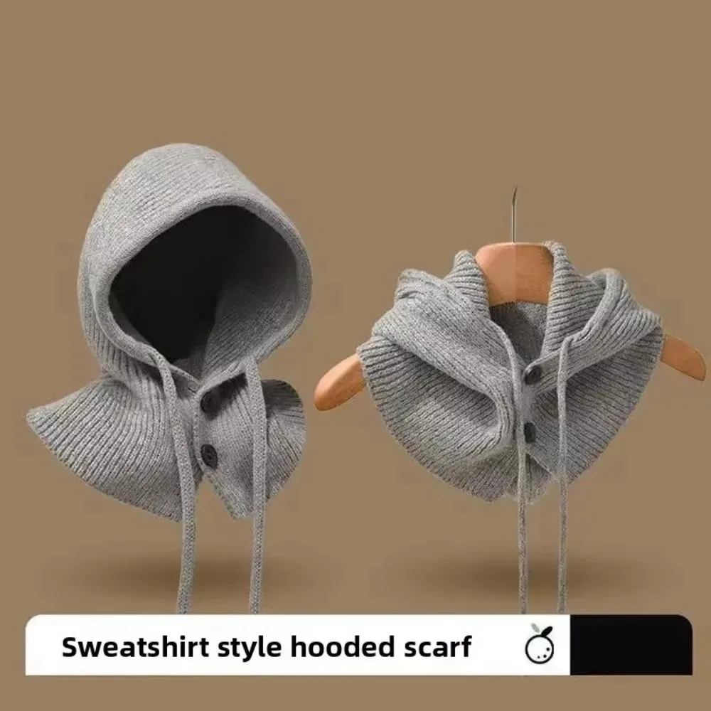 Neues warmes Strickschal- und Mützen-Set, winddicht, thermisch integrierter Schal, Kordelzug, Wintermütze