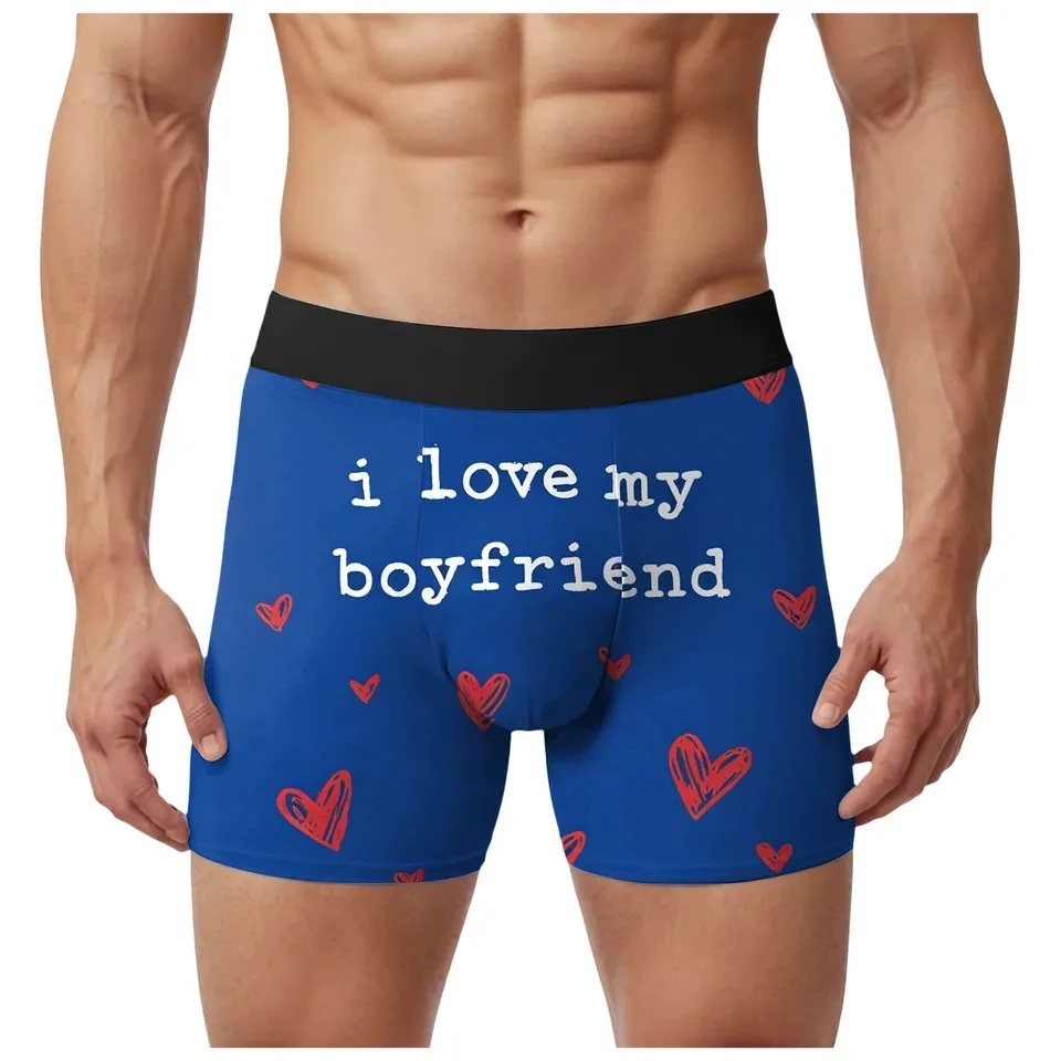 Men's Underwear I Love My Boyfriend Print Boxer Shorts Valentine's Day Gift Soft Breathable Boxer Briefs Male Underpanties