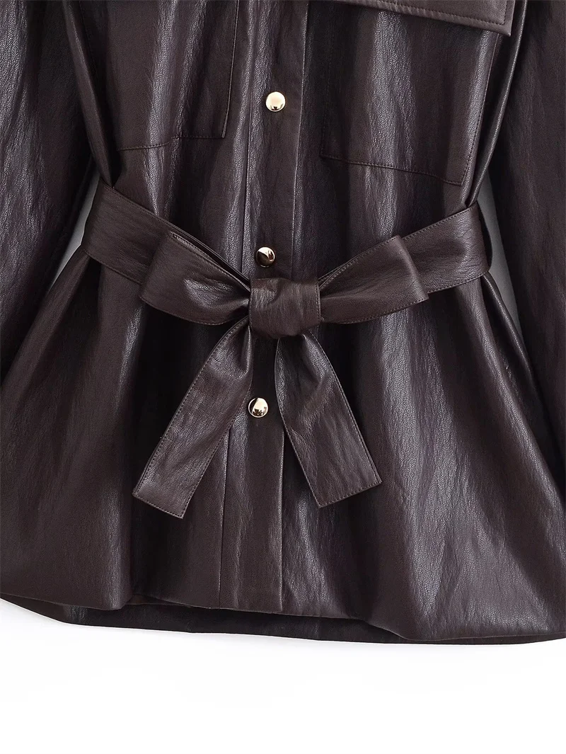 Damski płaszcz 2025 zimowy nowy styl ciemnobrązowy długi płaszcz z długim rękawem ze sztucznej skóry z paskiem, casualowy, modny, uniwersalny