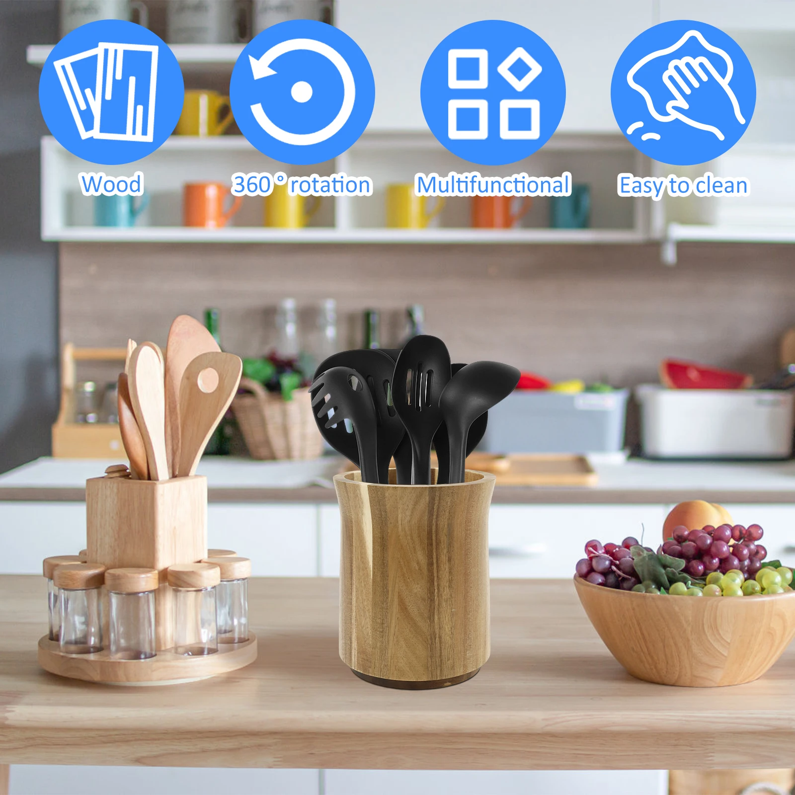 أنبوب تخزين خشبي لأدوات الطبخ وعيدان تناول الطعام وملاعق وشوك وأدوات المائدة 360 درجة °   رف تخزين متعدد الوظائف للمطابخ