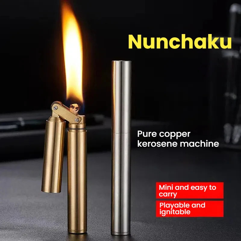 Encendedores Nunchakus de latón a prueba de viento Mini muela Retro encendido sin pedernal fuego hombres fumar juguete para regalo