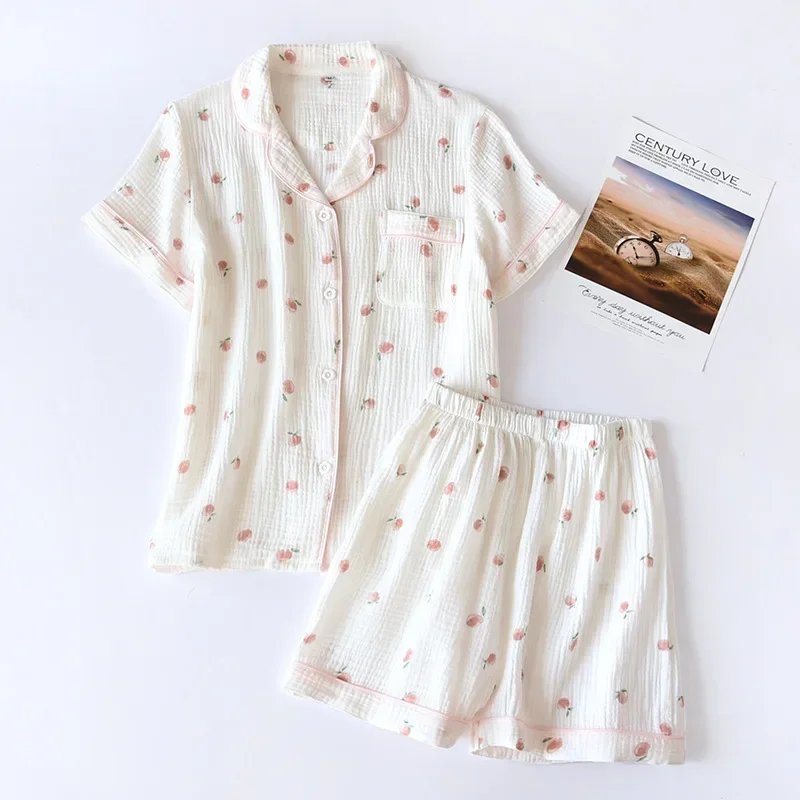 2024 Summer Ladies Short-sleeved Shorts Pajamas Set 100% Cotton Crepe Cloth Thin Home Service Two-piece Spring And Autumn Loose