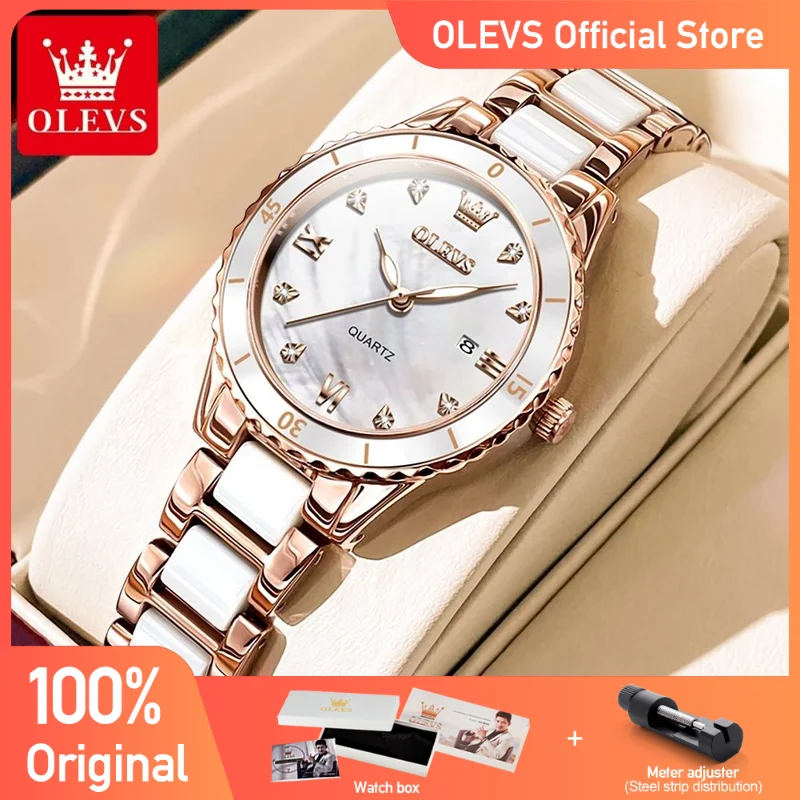 OLEVS Women's Watches Elegant Fashion Ceramics Quartz Wirtwatch for Ladies Diamond Scale Date Display Waterproof Luminous