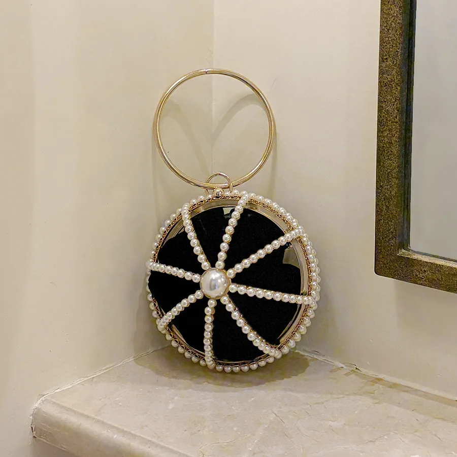 Stylish hollow spherical ring handbag pearl embellished lining soft satin gentle exquisite dating wedding bag