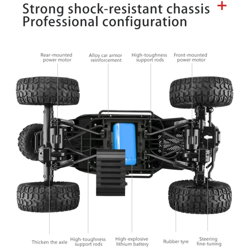 1:10 Large Wheel 4WD RC Climbing Truck Toy 2.4G LED Lighting All Terrain Off-Road Car Alloy Remote Control Pickup Truck Model