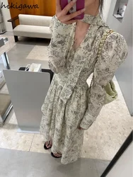 Elegant Summer Dress Women Clothing V-neck Puff Sleeve Floral Chic Robe Femme 2023 Vestidos De Mujer Loose Vintage Maxi Dresses