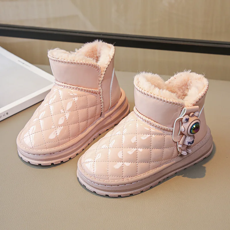

Children Winter Leather Add Velvet Thickened Watertight Cotton Boots Boy Soft Soled Snow Boots Solid Color Girls Checkered Upper