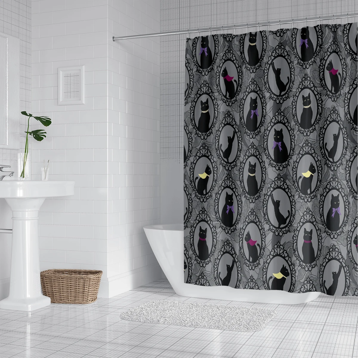 1pc, 180x180cm cartoon black cat print, mildew-proof, waterproof, no pilling, perforated with hook, bathroom shower curtain