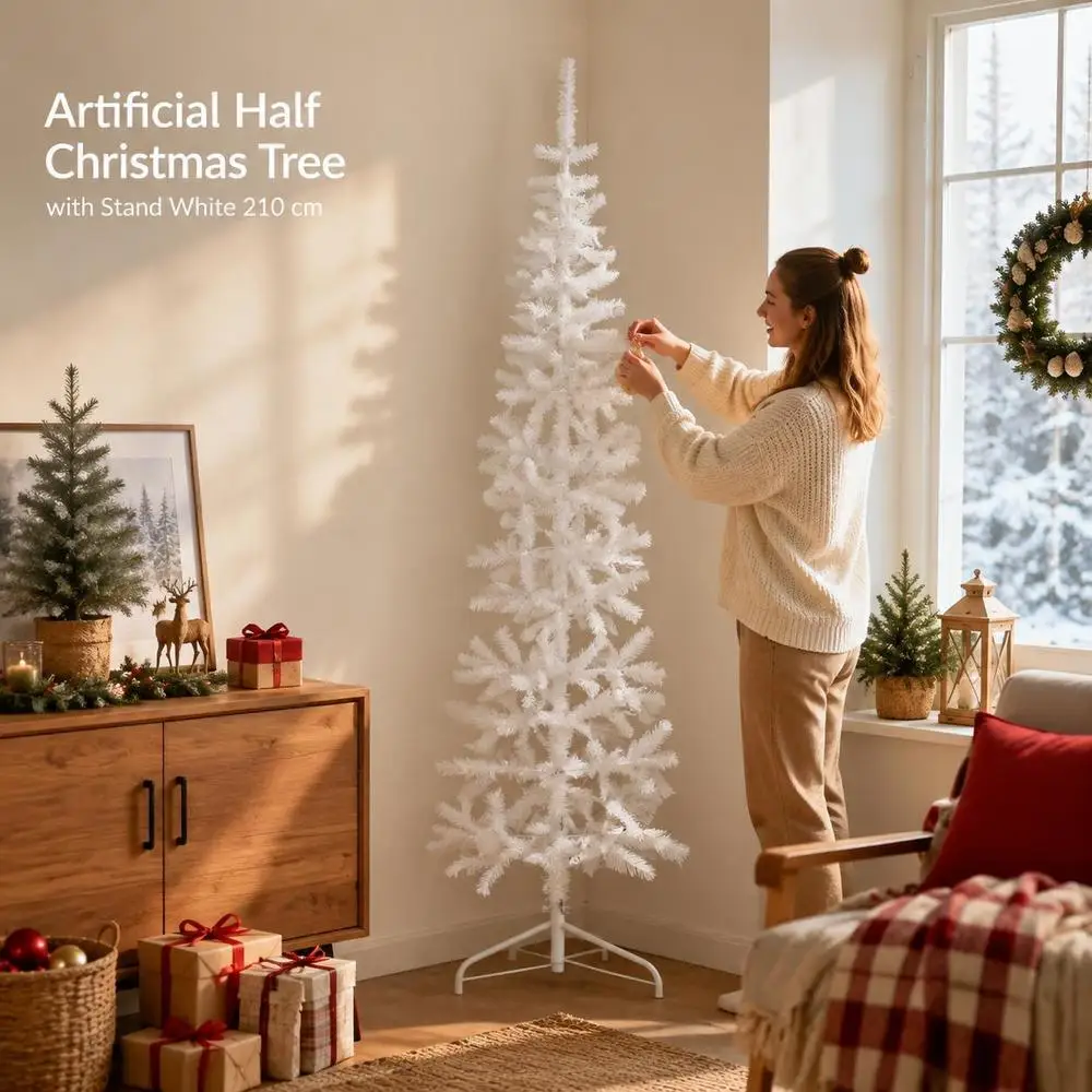 Albero di Natale artificiale in PVC con supporto, 210 cm, sottile, bianco, salvaspazio