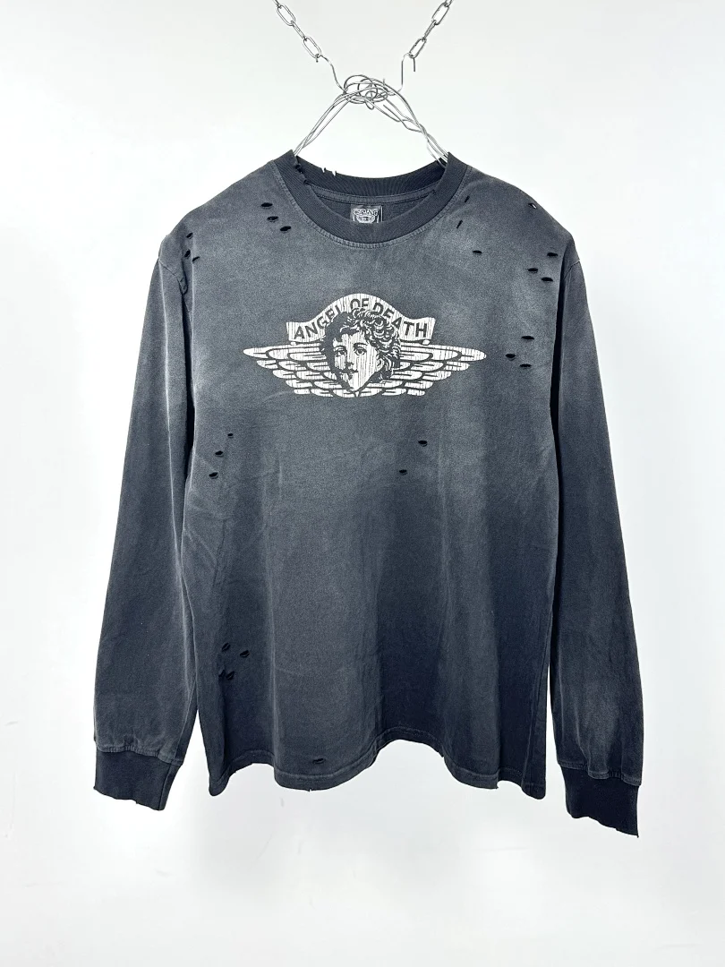 Vintage Saint Destroyed Hole Long Sleeve T Shirt Men Wing Angel Graphic Distressed Oversized Loose Tee Gothic Streetwear T-shirt
