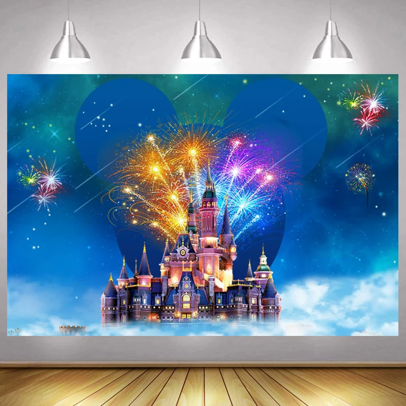 Dreamy Disney Princess Castle Backdrop Mickey Minnie Mouse Birthday Girls Party Fireworks Decorations Photo Background Banner