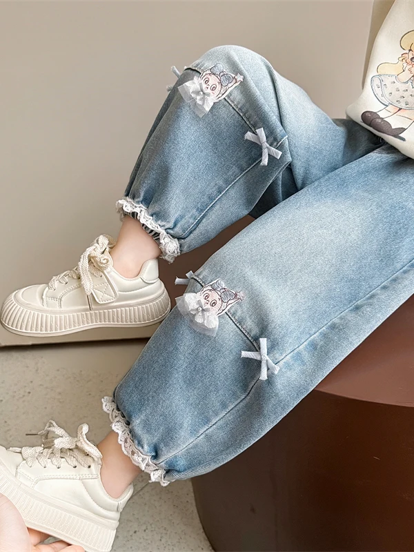 女の子の春秋デニムランタンパンツかわいいファッショナブルな子供服ベビー春スタイルハイウエスト弾性ウエストバンド