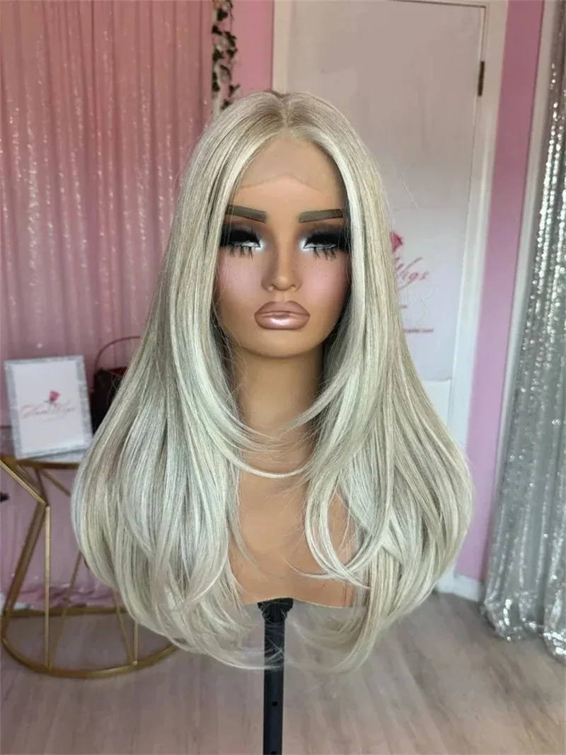 

Белый многослойный парик из кружевного материала, платиновый блонд, синтетический, с HD-кружевной передней частью, балаяж, предварительно проработанная линия роста волос, термостойкий, с центральным пробором