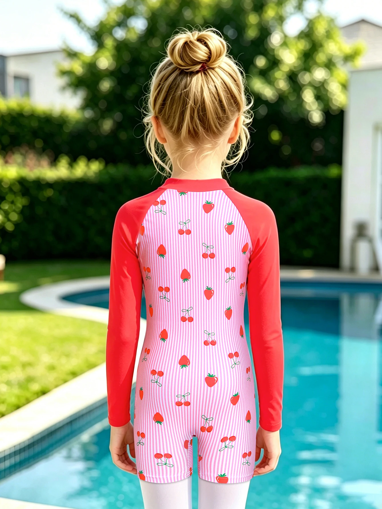 Girls' Striped One-Piece Swimsuit, Long Sleeve Strawberry Print Swimming Shirt, Fashion Beachwear, Kids' Trendy Bathing Suit