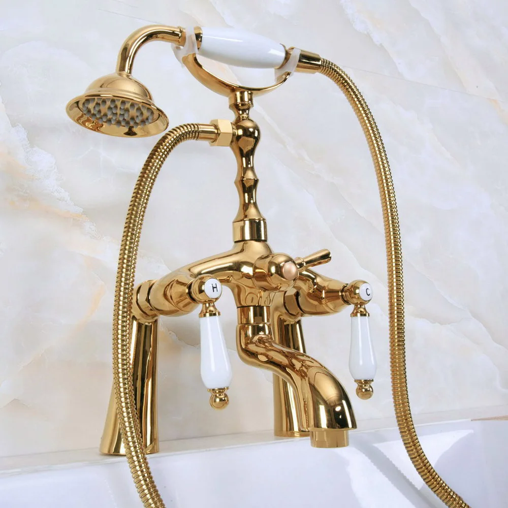

Gold Color Brass Clawfoot Bath Tub Faucet with Handshower - Deck Mount ana132
