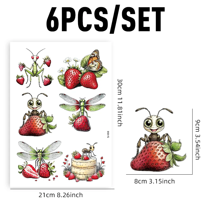 6pcs Strawberry Insect Sweet Cake Self-Adhesive DTF Transfer Stickers,Butterfly Dragonfly Ant Transfer Decals Decorative Supplie