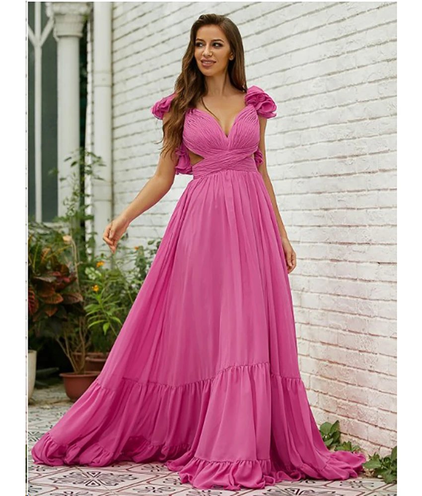 

Customized Sexy Jersey A-Line Ruffles Evening Dress Delicate Sleeveless V-Neck Floor Length فستان سهرة نسائي