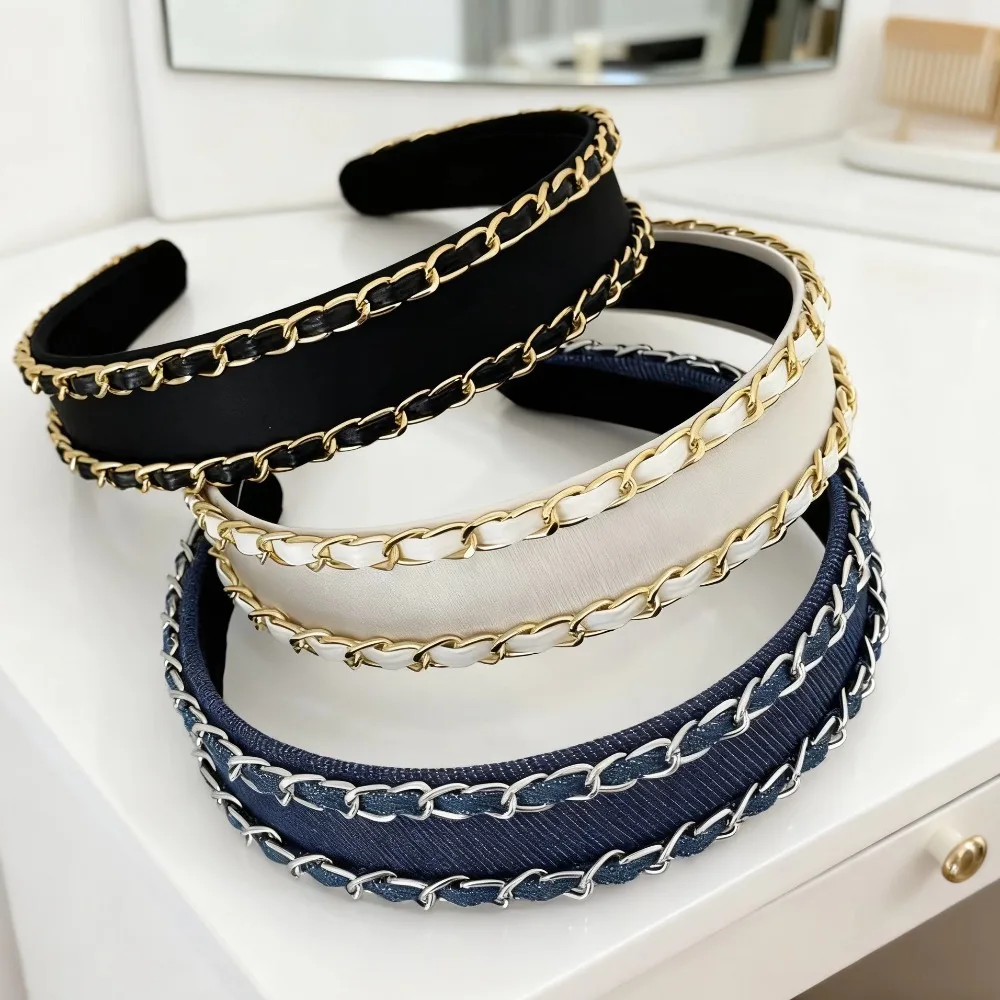 

2 шт., винтажная расширенная высококачественная широкая повязка для волос с цепочкой для женщин и девочек, корейский топ, модные обручи для волос, повязка на голову, аксессуары
