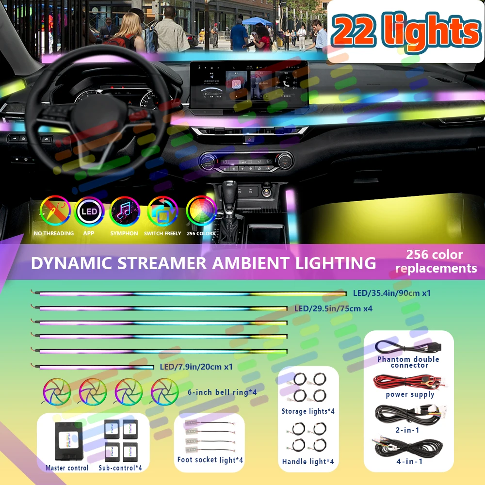 Car Interior Ambient Light App Control Atmosphere Universal Acrylic Auto Symphony Lamp Strip Colorful Rainbow LED Lighting 64RGB