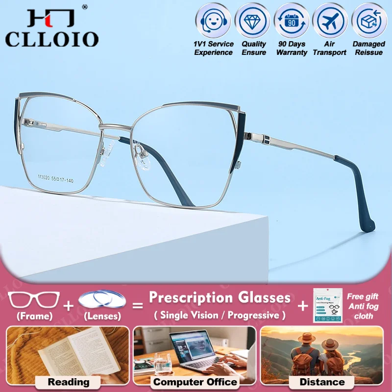 

CLLOIO Simple Fashion Large Cat Eye Frame Myopia Optical Prescription Glasses Women Anti Blue Light Reading Progressive Eyeglass