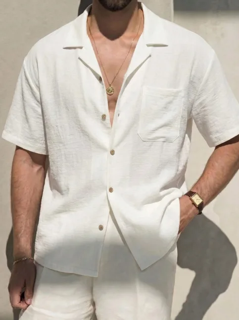 2026 High-quality Imitation Hemp Cuban Collar Shirt Men's Summer Thin Shirt