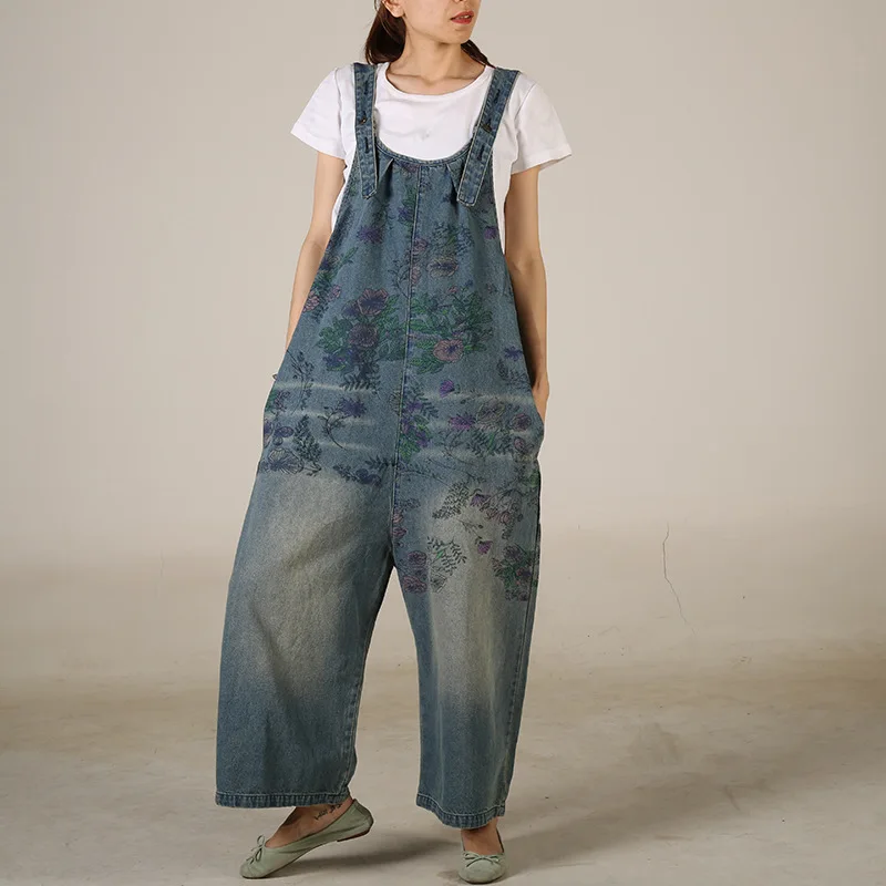 TIYIHAILEY Denim Bib Pants Spaghetti Strap Pants Printed Casual Loose Jumpsuit Rompers Blue Trousers Fashion 2024 New