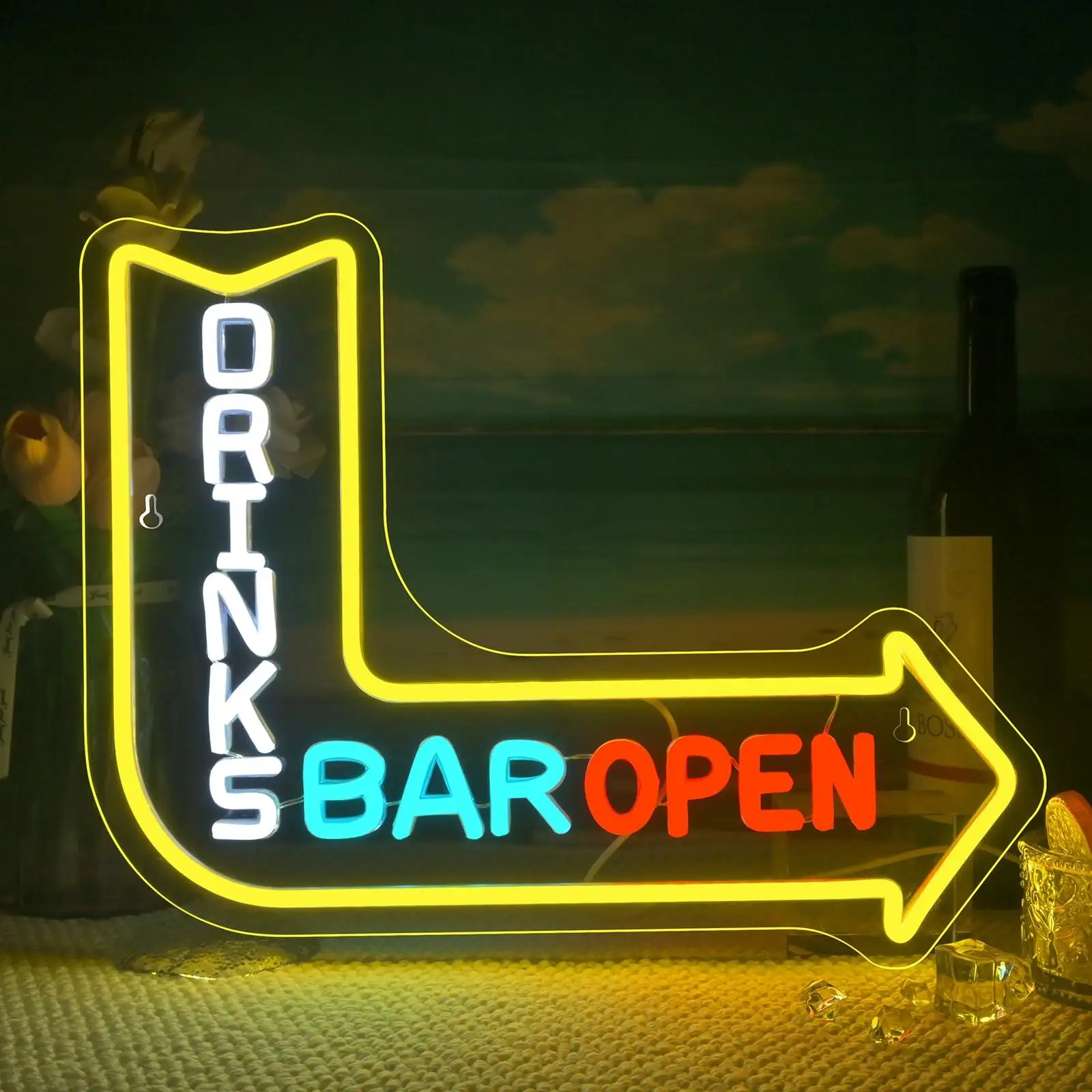 Drinks Bar Open Neon Sign for Wall Decor Business Right Arrow LED Light Sign Decoration for Bar Restaurant Man Cave Drink Bar