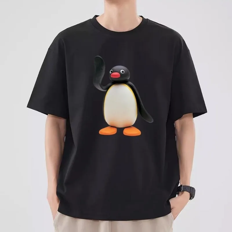 Футболка Pingu в виде пингвина, женская комбинированная одежда для пар, модная Мужская хлопковая футболка с коротким рукавом и воротником