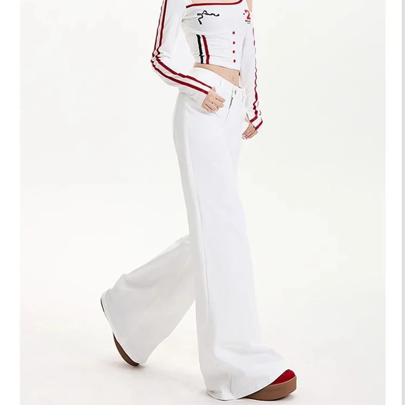 Hot Sale Girls White Flared Jeans Women Korean Classic Low Waist Solid Denim Trousers Lady Comfortable Slim Fit Pants