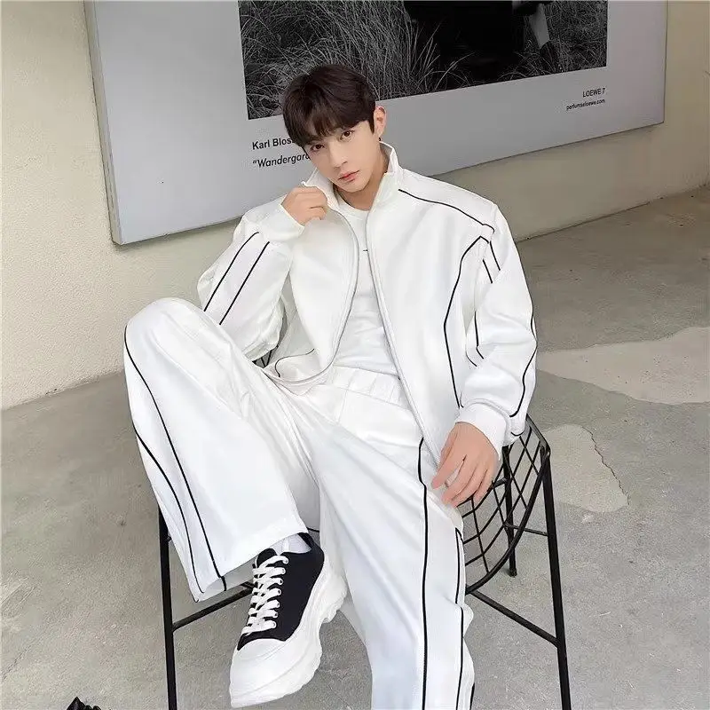 Men's High-End Casual Sports Suit Loose Fit Cardigan Jacket And Wide-Leg Pants 2-Piece Set Trendy Striped Korea Japanese Style