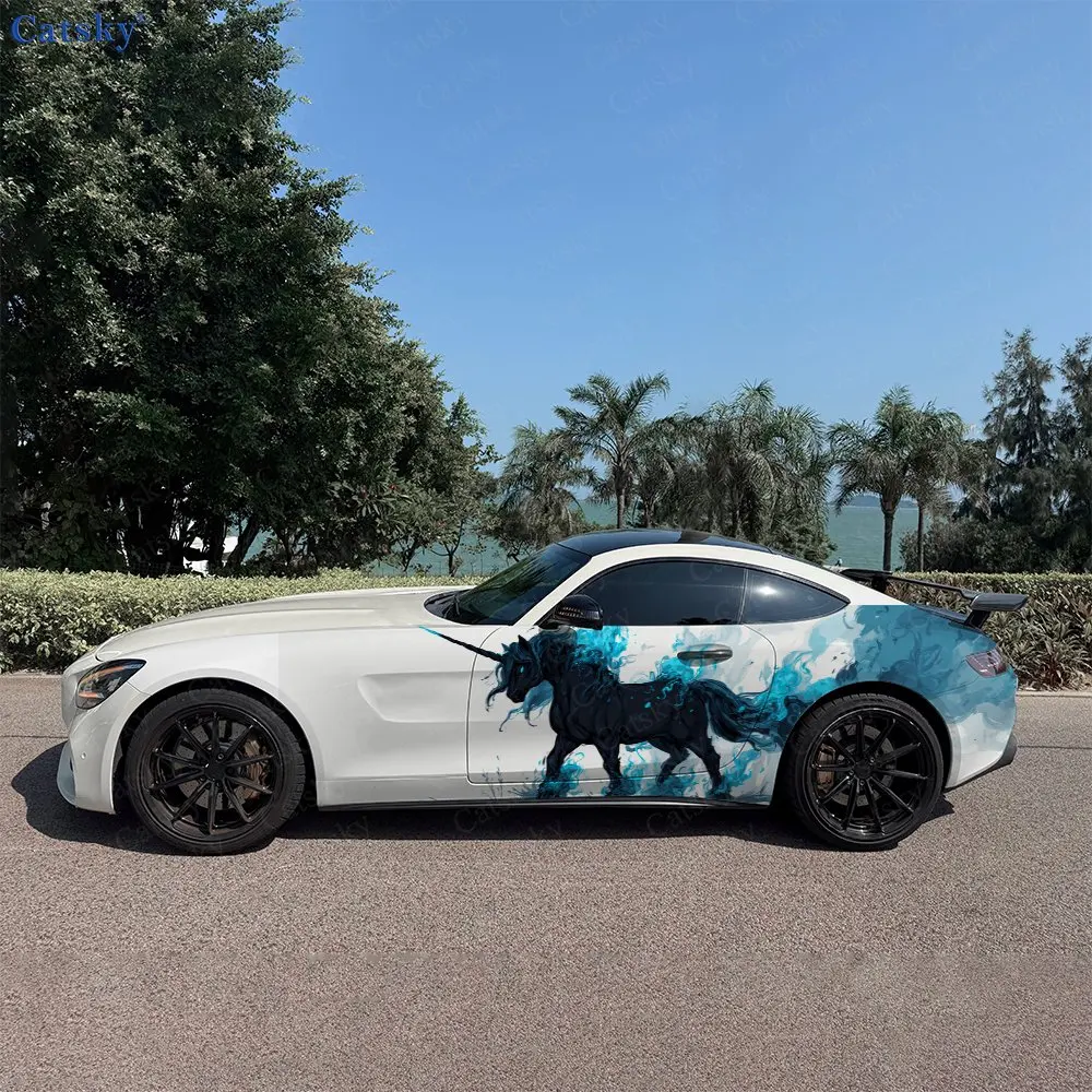 2pcs Teal Ink Wash Black Unicorn Car Side Wraps, Self-Adhesive PVC Waterproof & Scratch-Resistant Stickers, Car Accessory Gift