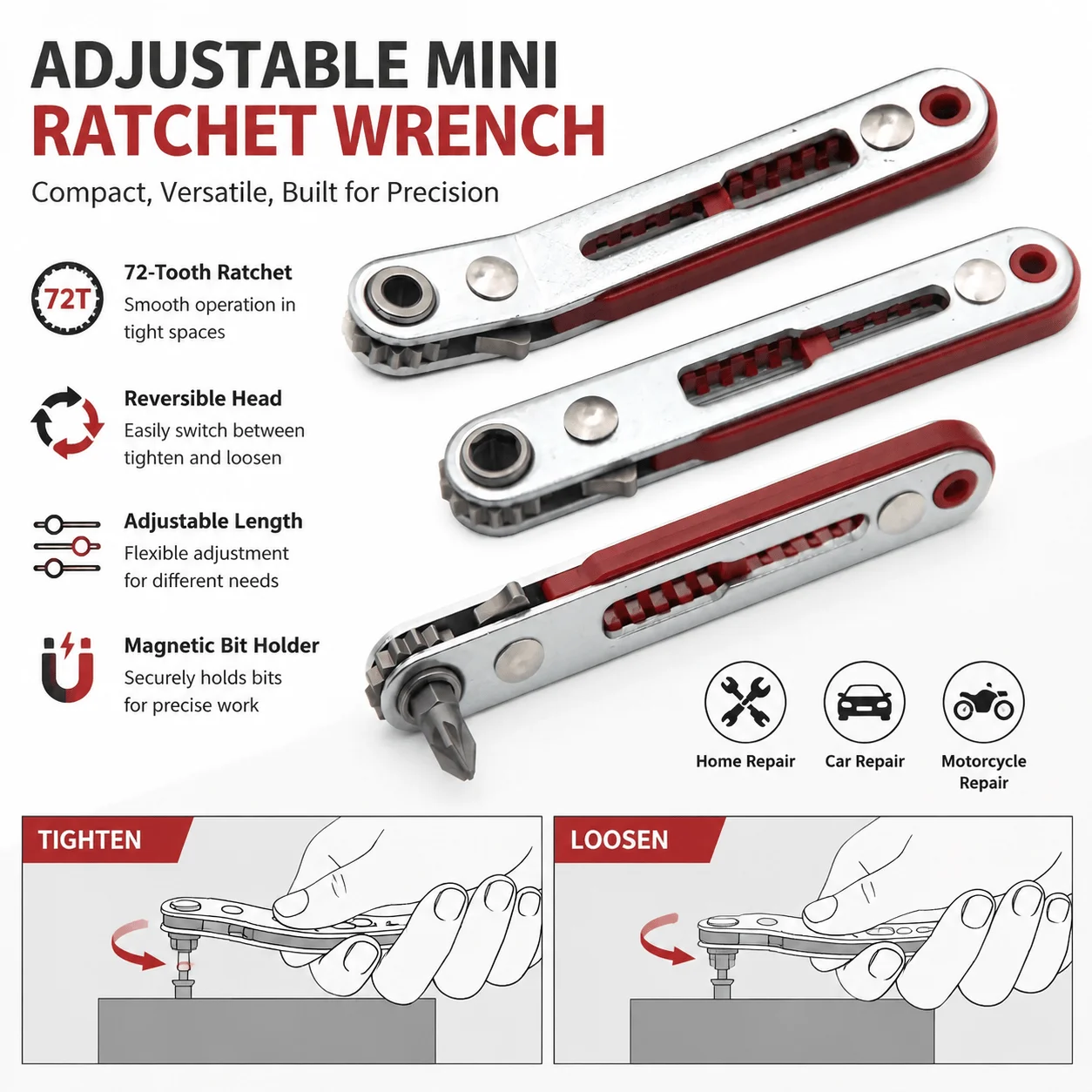 Adjustable Mini Ratchet Wrench Hand Tool with Reversible Head for Screwdriver Bits Home and Car Repair Motorcycle Repair Tools