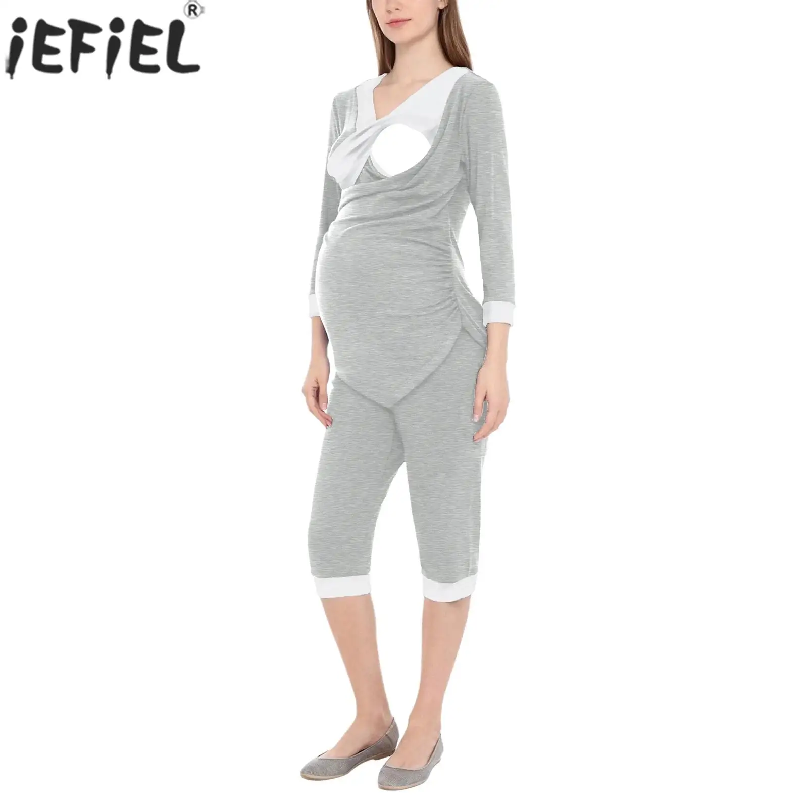 Conjunto de pijama para amamentação de maternidade, roupa de dormir, manga 3/4, tops de enfermagem com calças de cintura ajustável, roupas para gravidez