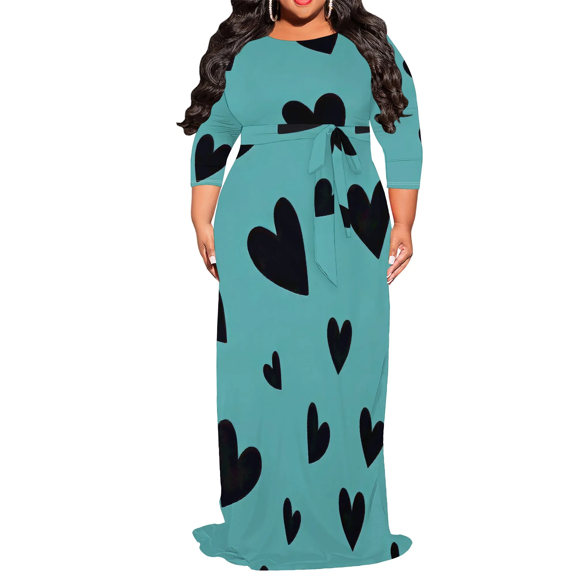 

Fall Maxi Dresses for Women 2025 Round Neck 3/4 Sleeve Camouflage Floor Length Maxi Dress with Belt Summer Vacation Dress