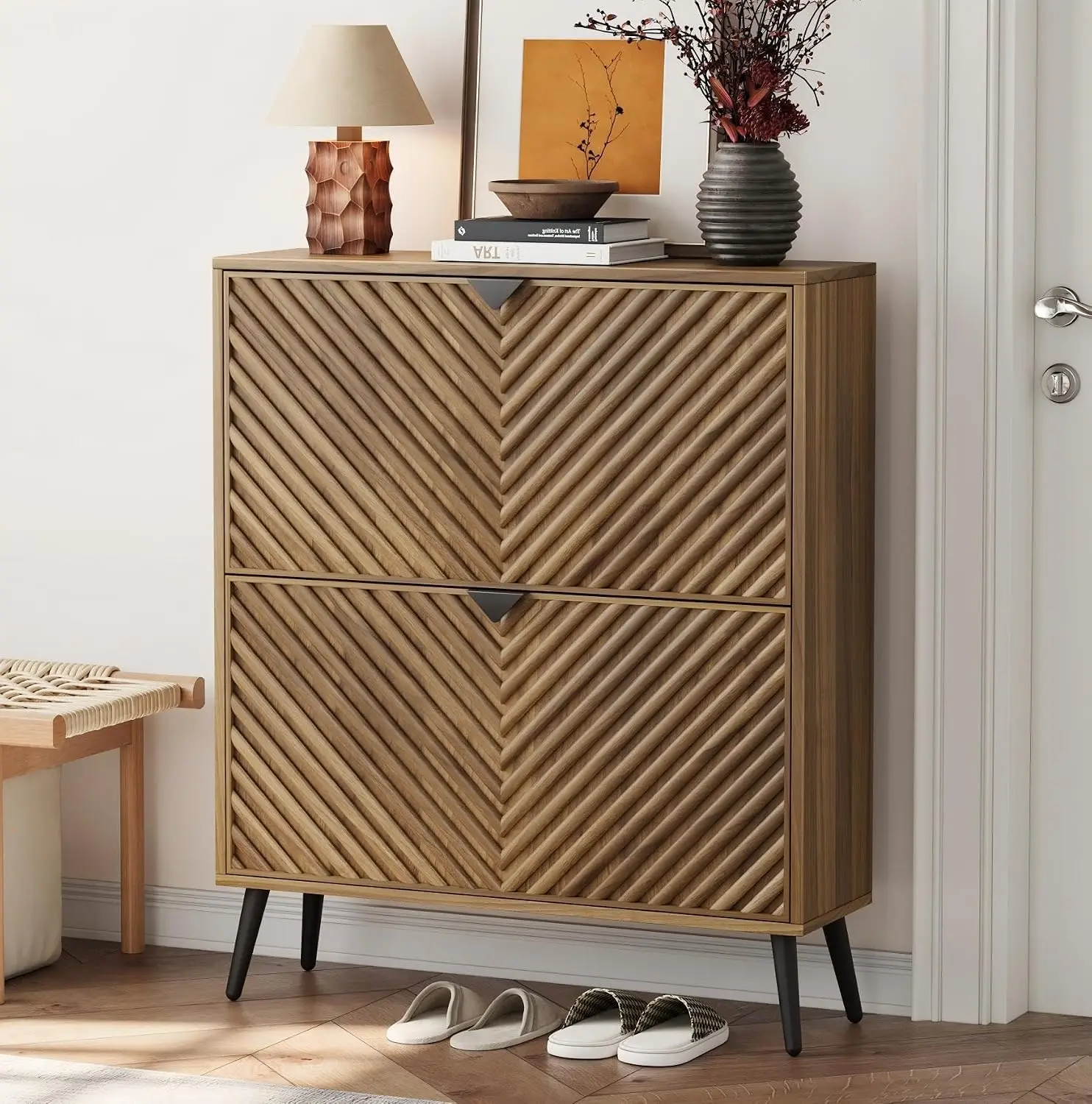 Shoe Cabinet Diamond Pattern 2 Flip Drawers, Narrow Entryway Storage with Black Handles, Slim Walnut Rack, Customized