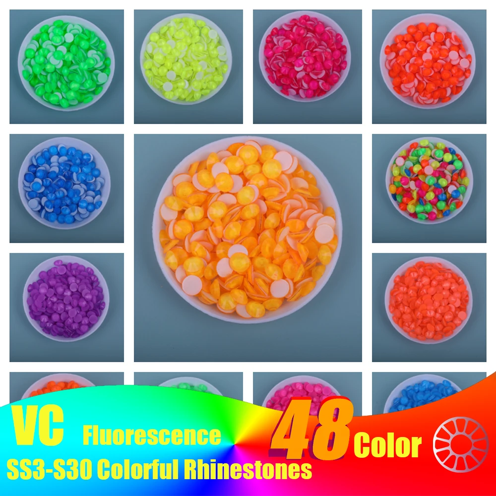 VC  Fluorescence  Glass Strass стразы Colorful Noctilucent Neon Non Hotfix Rhinestone Glitter Crystals For Nail Art Accessories