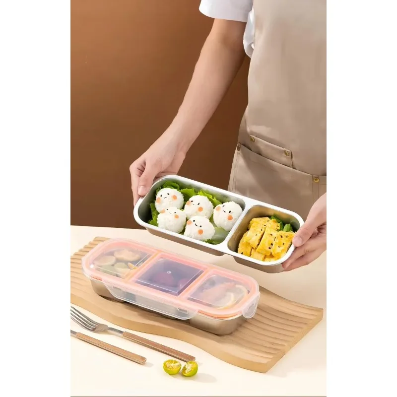 THREE-GRID FOOD CONTAINER LUNCH BOX WITH LID, COMPARTMENTALIZED SEALED DESIGN, ODOR-PROOF