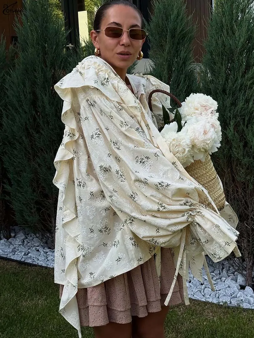 Oymimi Elegant Green Print Womens Blouses Fashion Lace-Up Neck Puff Sleeve Ruffled Blouses Causal New Loose Blouse Streetwear