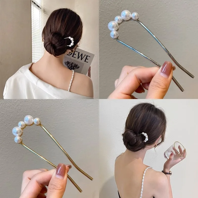 New Metal Vintage U Shape Hairpin Pearls Hair Sticks Long Hair Bun Fixed Hair Clip Wedding Womens Sweet Hair Accessories Hairpin view 2