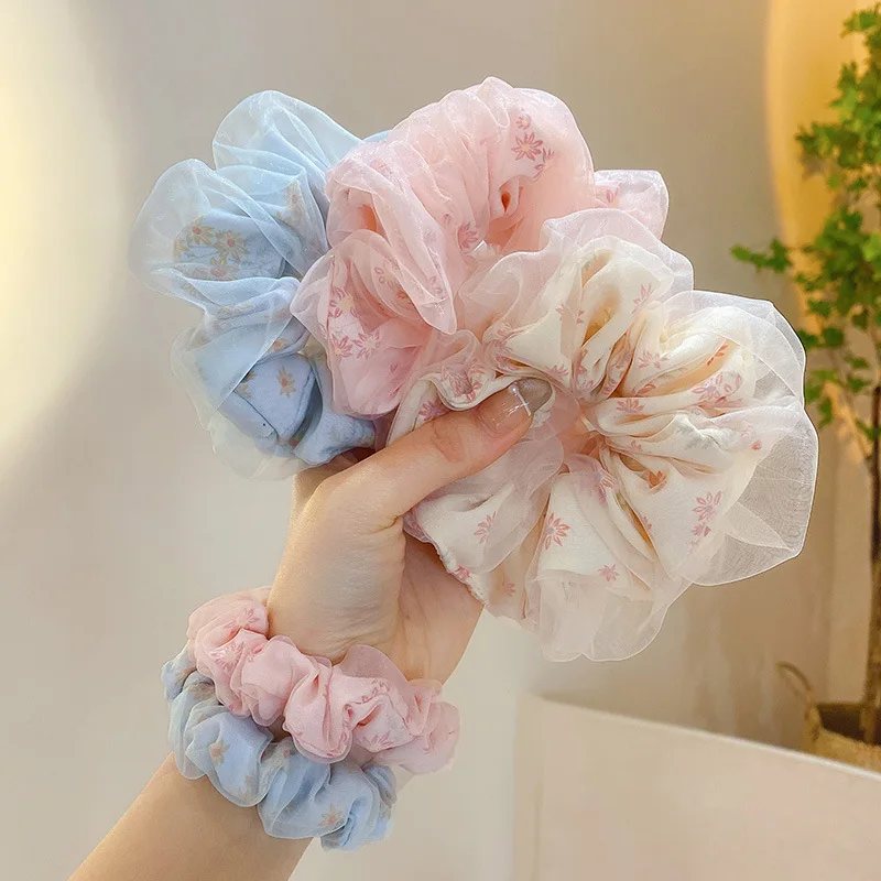 Sweet Double Layer Silk Organza Hair Rope Oversized Floral Hair Scrunchies For Hair Women Mesh Ponytail Holder Elastic Hair Band